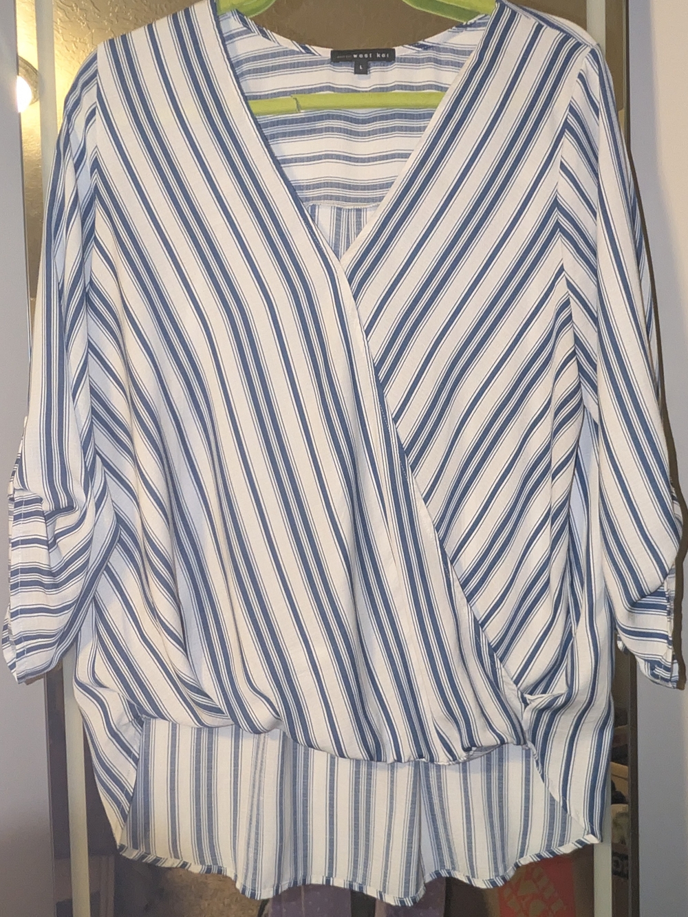 West Kei White and Navy Blue Striped Wrap Blouse